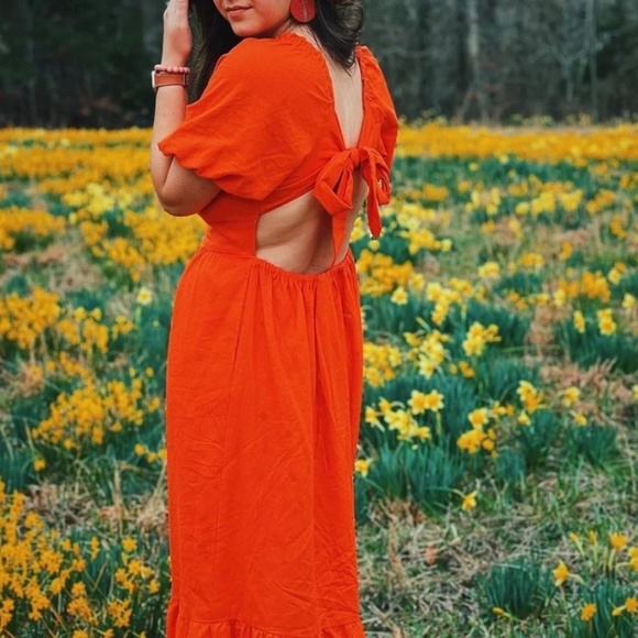 Who What Wear Open Back Tie Puff Sleeve Linen Blend Midi Dress Orange Size XS - Picture 4 of 16